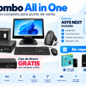 Combo ASYS NEXT All in One POS Touch 15″ / 8GB RAM / 256GB SSD / Impresora Térmica / Lector / Software ERP